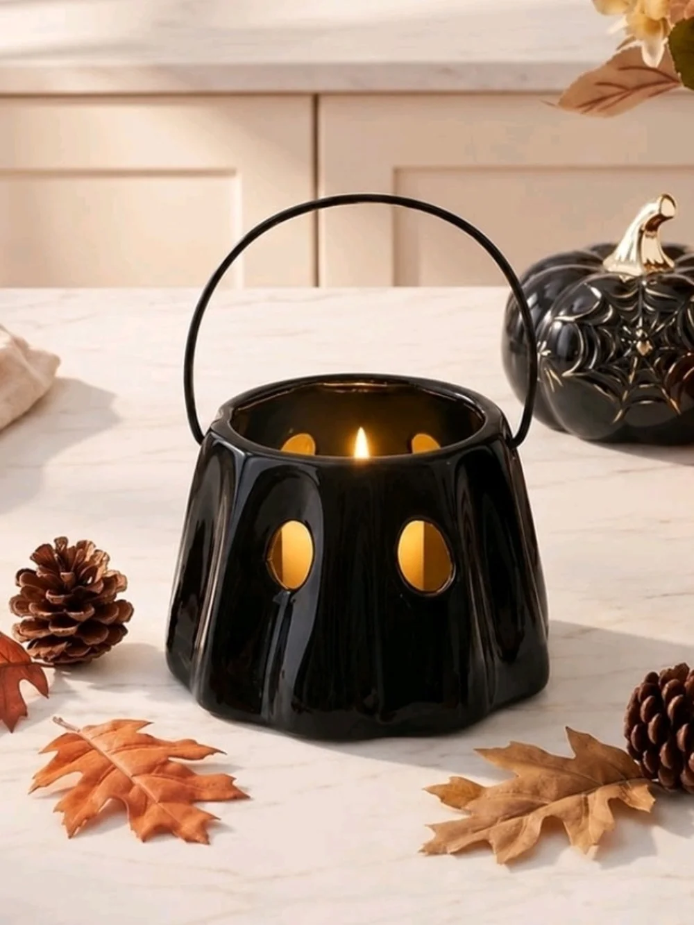 My Texas House Halloween Light-Up Ceramic Ghost Lantern Decoration, Black, 3.5